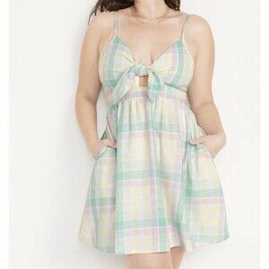 Old Navy Womens XL Plaid Tie Front Smocked Printed Mini Cami Dress NWT